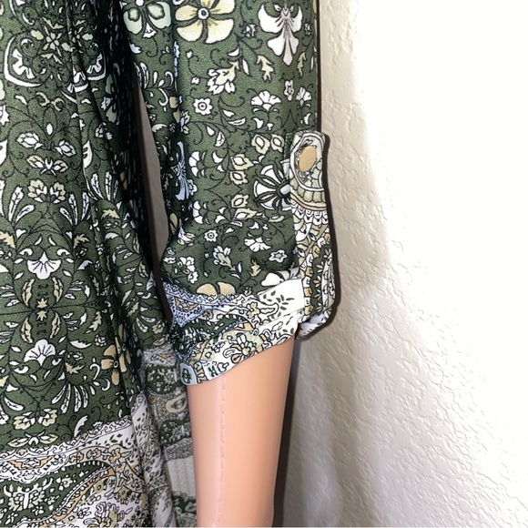 New Directions olive green floral & medallion print V neck Shift dress SZ SP - Picture 7 of 10